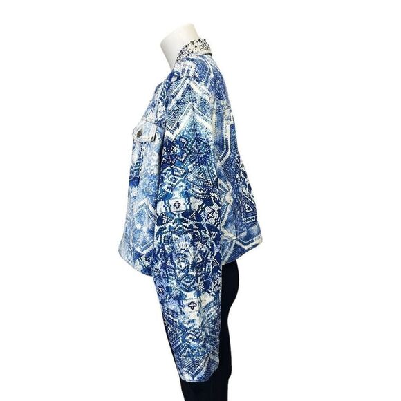 Chico’s Mixed Artisan Pattern Beaded Cropped Jean Jacket in Mysterious Blue XL - Picture 4 of 12